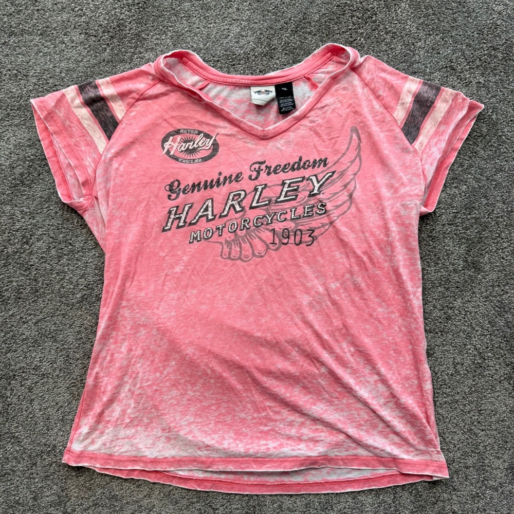 Harley Davidson Pink Burnout Rhinestone T-Shirt Womens 2XL Genuine Freedom 1903